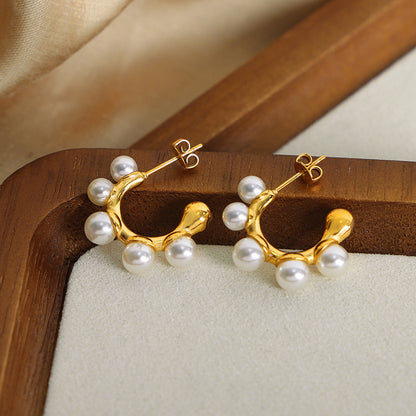1 Pair Casual French Style Simple Style Geometric Plating Inlay Titanium Steel Artificial Pearls 18k Gold Plated Earrings