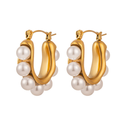 1 Pair Retro Baroque Style Geometric Solid Color Epoxy Plating Inlay Titanium Steel Artificial Pearls 18k Gold Plated Hoop Earrings