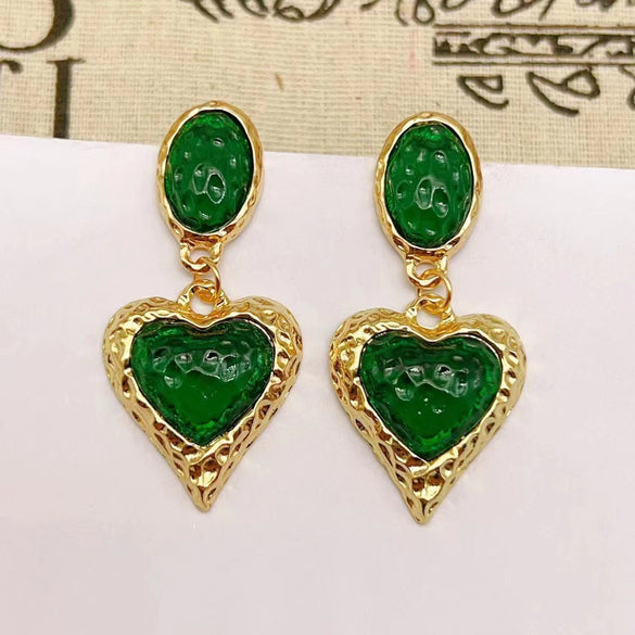 1 Pair Retro Heart Shape Plating Resin Metal Drop Earrings