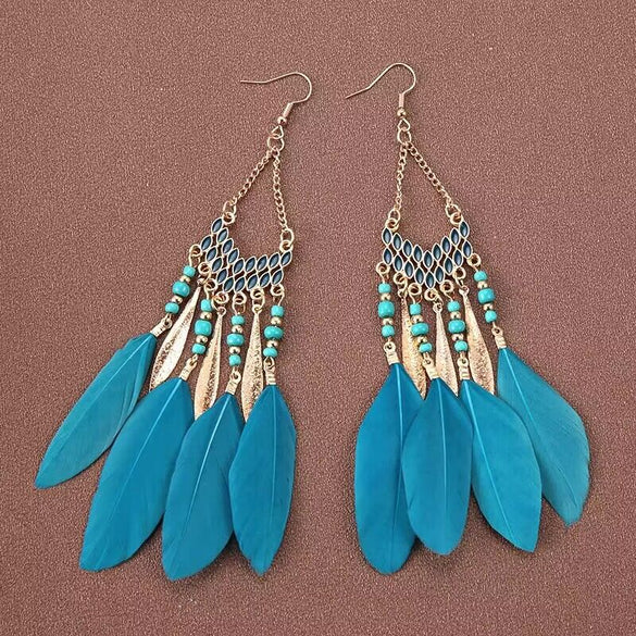 Wholesale Jewelry 1 Pair Bohemian Water Droplets Tassel Feather Alloy Feather Drop Earrings