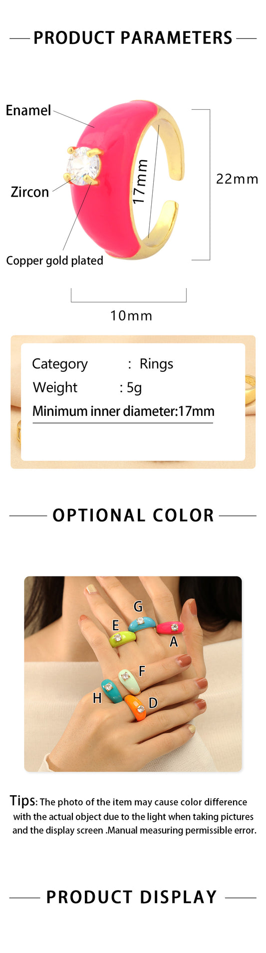 Simple Style Round Copper Enamel Plating Inlay Zircon 18k Gold Plated Open Rings