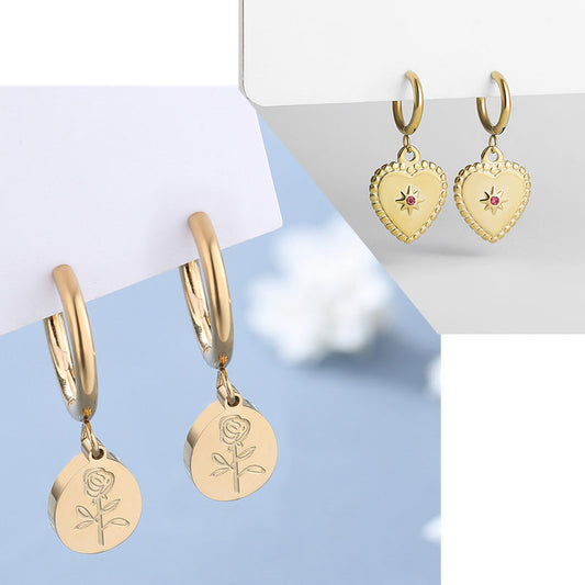 1 Pair Simple Style Water Droplets Heart Shape Flower Plating Inlay Carving Stainless Steel Titanium Steel Zircon Gold Plated Drop Earrings