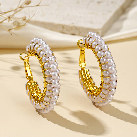 1 Pair Elegant Color Block Plating Inlay Copper Artificial Pearls 18k Gold Plated Hoop Earrings