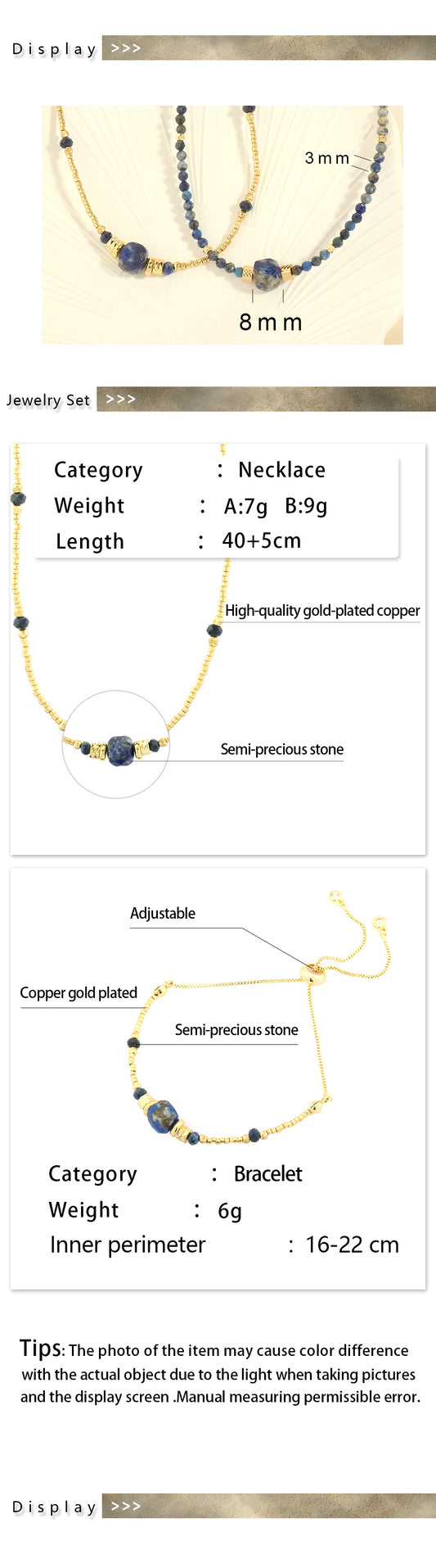 Bohemian Geometric Stone Copper Beaded Handmade Inlay Zircon 18k Gold Plated Bracelets Necklace