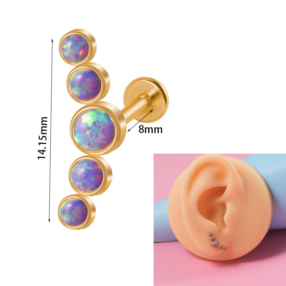 Simple Style Round Stainless Steel Inlay Opal Zircon Lip Stud Ear Studs