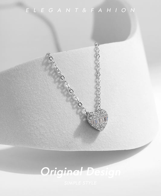 Ig Style Elegant Heart Shape Sterling Silver Plating Inlay Zircon Rhodium Plated Pendant Necklace
