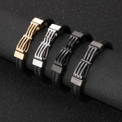 Simple Style Commute Color Block Pu Leather Titanium Steel Plating Gold Plated Men's Bangle