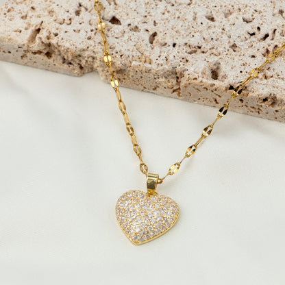 Elegant Heart Shape Stainless Steel Copper Plating Inlay Zircon 18k Gold Plated Pendant Necklace