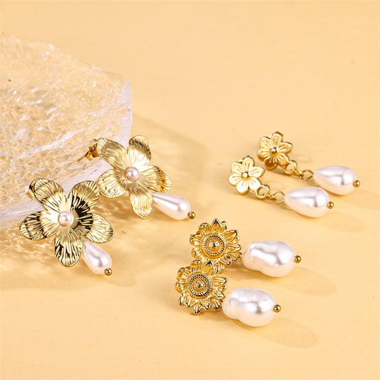 1 Pair Ig Style Sweet Flower Plating Stainless Steel Imitation Pearl 18k Gold Plated Drop Earrings