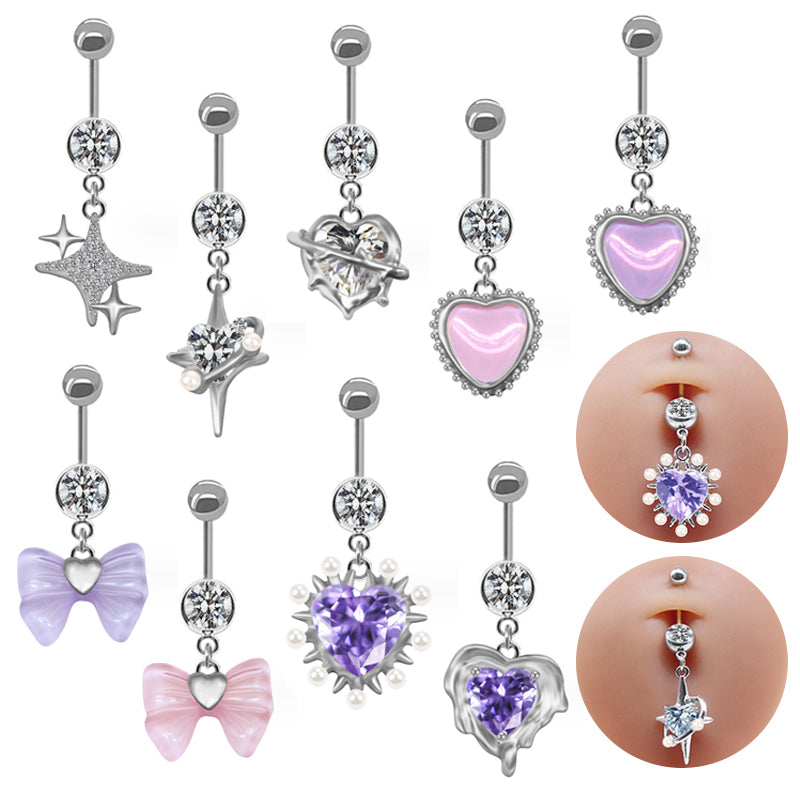Elegant Streetwear Heart Shape Butterfly Bow Knot Stainless Steel Copper Inlay Zircon White Gold Plated Belly Ring