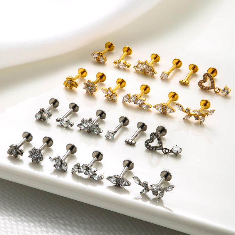 1 Piece Ig Style Vintage Style Leaves Heart Shape Bee Plating Inlay Titanium Alloy Zircon 18k Gold Plated Ear Studs