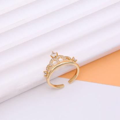 Shiny Crown Copper 18k Gold Plated Artificial Pearls Zircon Open Rings In Bulk