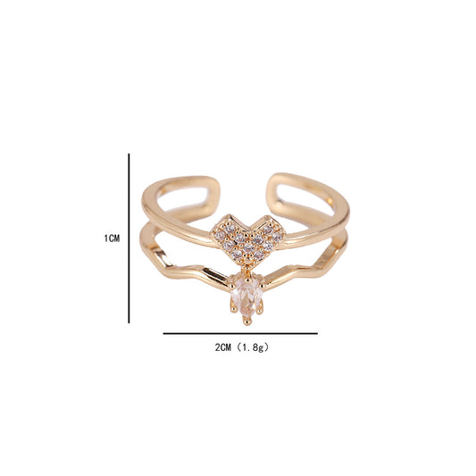 Simple Style Heart Shape Copper 18k Gold Plated Silver Plated Zircon Adjustable Ring In Bulk