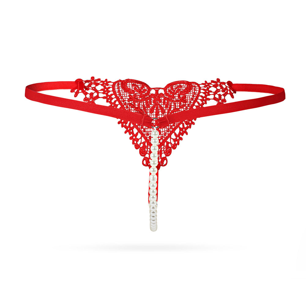 Women's Heart Shape Flower Pearl Low Waist Thong See-through Panties Sexy Lingerie