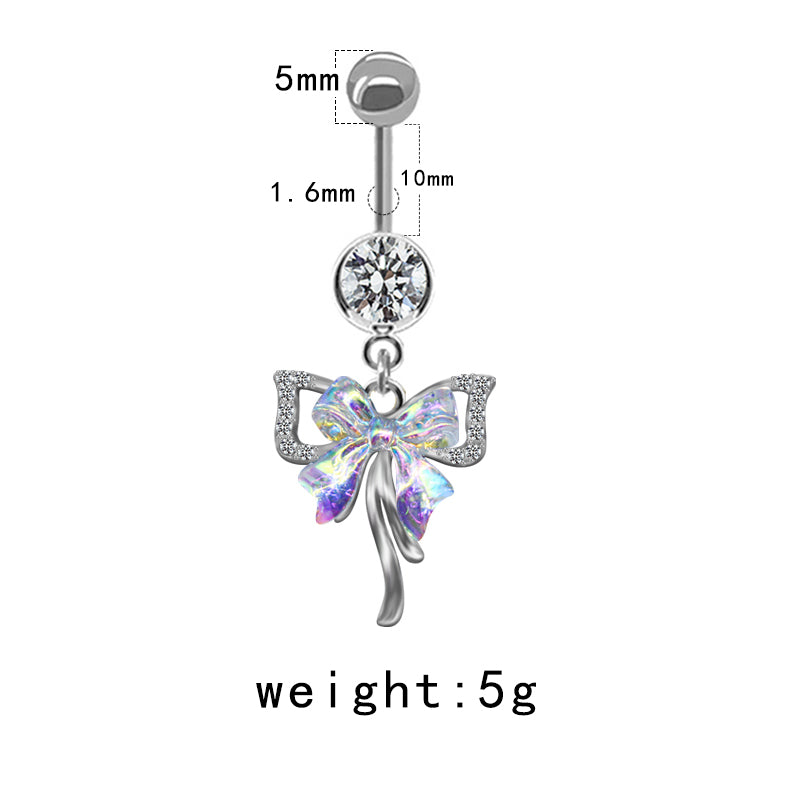 Casual Streetwear Moon Heart Shape Bow Knot Stainless Steel Glass Copper Plating Inlay Zircon White Gold Plated Belly Ring