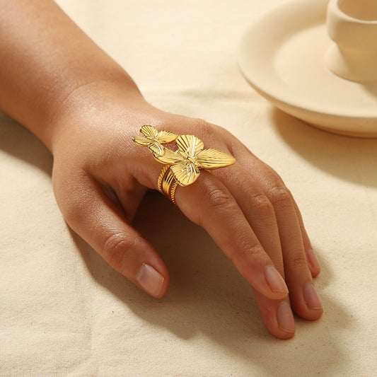Vintage Style Butterfly Stainless Steel Plating 18k Gold Plated Open Rings