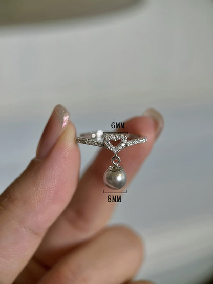 Simple Style Heart Shape Sterling Silver Plating Inlay Artificial Pearls Zircon White Gold Plated Adjustable Ring