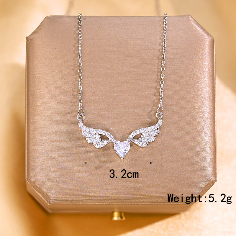 Queen Heart Shape Wings Titanium Steel Copper Silver Plated Zircon Pendant Necklace In Bulk