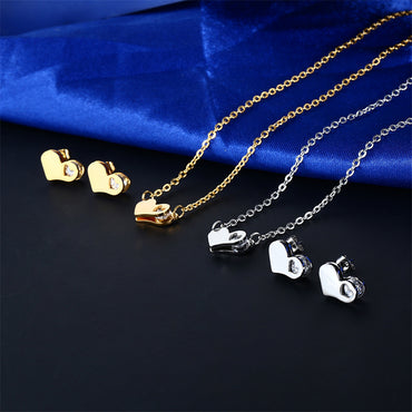 Wholesale Simple Style Commute Heart Shape Stainless Steel Titanium Steel Inlay Zircon Jewelry Set