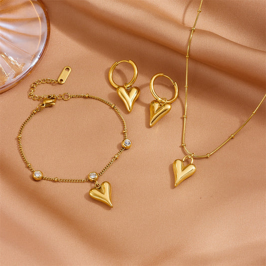 Wholesale Classic Style Heart Shape Titanium Steel Inlay Zircon Jewelry Set