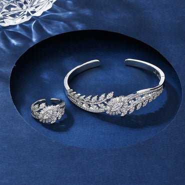Elegant Shiny Leaves Copper Plating Inlay Zircon White K Jewelry Set