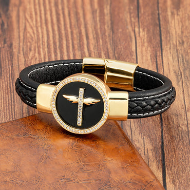 Simple Style Classic Style Cross Round Leather Rope Stone Metal Handmade Men's Bracelets