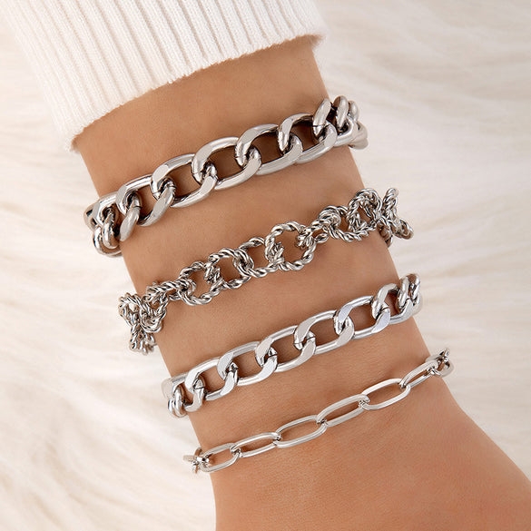 Simple Thick Chain Geometric Leaf Airplane Bracelet 4 Piece Set
