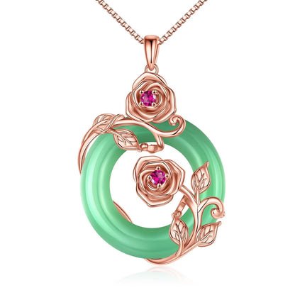 Romantic Rose Copper Plating Inlay Jade Rose Gold Plated White Gold Plated Pendant Necklace