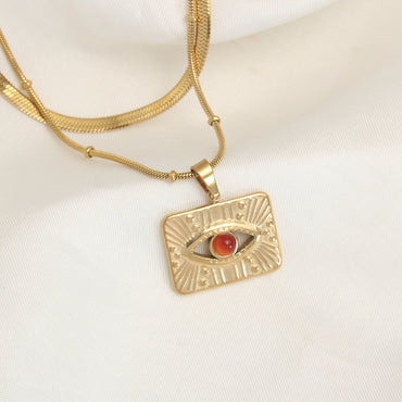 Retro Eye Stainless Steel Plating Inlay Natural Stone 18k Gold Plated Double Layer Necklaces