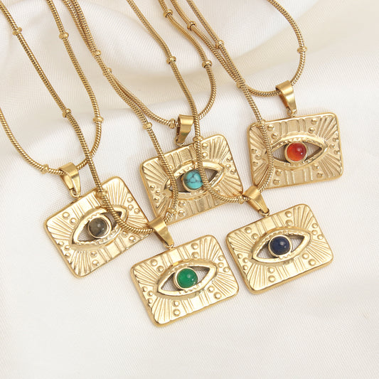 Retro Eye Stainless Steel Plating Inlay Natural Stone 18k Gold Plated Double Layer Necklaces