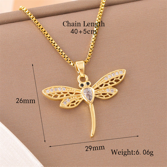 Retro Lady Roman Style Snake Bee Butterfly Stainless Steel Titanium Steel Enamel Plating Inlay Zircon 18k Gold Plated Pendant Necklace