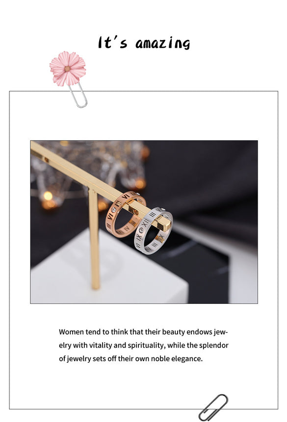 Simple Style Roman Numeral Titanium Steel Plating Hollow Out Inlay Zircon Gold Plated Rings