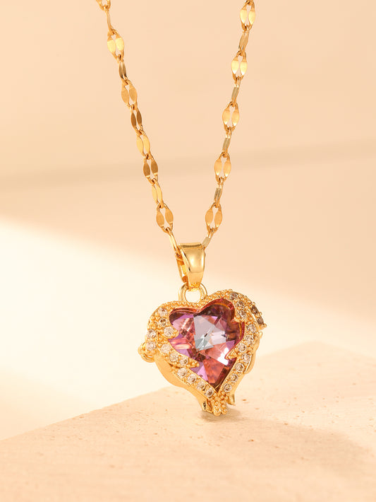 Elegant Shiny Heart Shape Stainless Steel Plating Inlay Zircon 14k Gold Plated Pendant Necklace