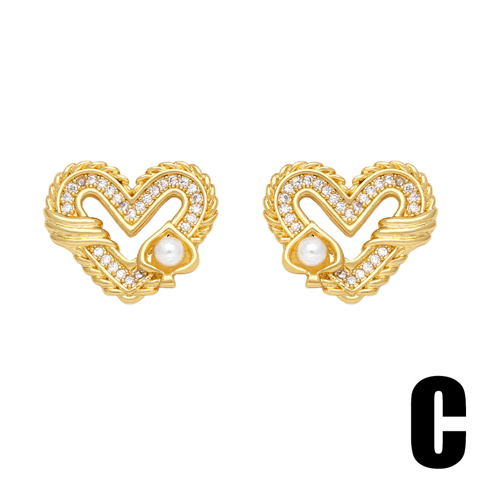 1 Pair Modern Style Simple Style Square Heart Shape Pineapple Plating Inlay Copper Artificial Pearls Zircon 18k Gold Plated Ear Studs