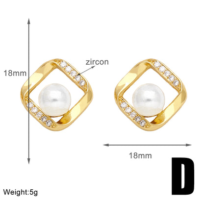 1 Pair Modern Style Simple Style Square Heart Shape Pineapple Plating Inlay Copper Artificial Pearls Zircon 18k Gold Plated Ear Studs