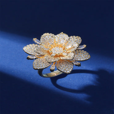 Exaggerated Luxurious Shiny Flower Copper Plating Inlay Zircon 18k Gold Plated Open Rings