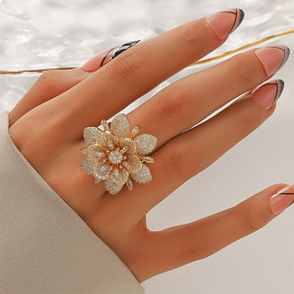 Exaggerated Luxurious Shiny Flower Copper Plating Inlay Zircon 18k Gold Plated Open Rings