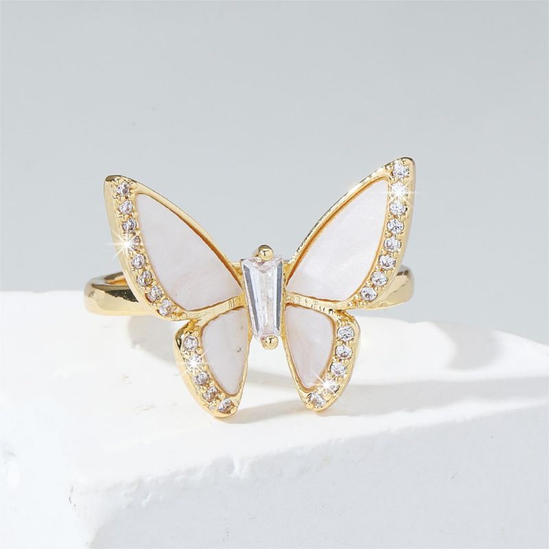 Wholesale Elegant Simple Style Butterfly Copper Polishing Inlay 18K Gold Plated Zircon Open Rings