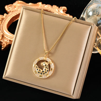 Simple Style Cheetah Print Stainless Steel Brass Plating Inlay Zircon 18k Gold Plated Pendant Necklace