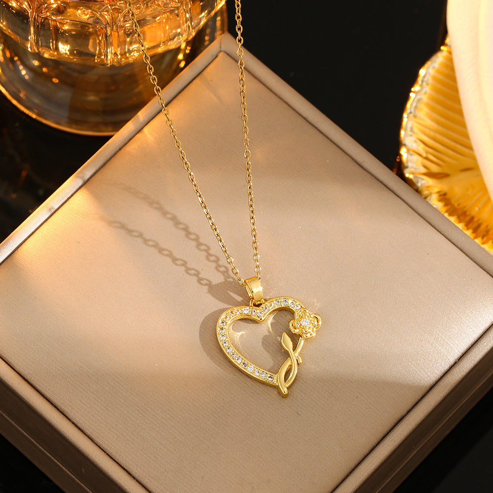 Romantic Sweet Geometric Heart Shape Titanium Steel Plating Inlay Rhinestones Zircon Gold Plated Pendant Necklace