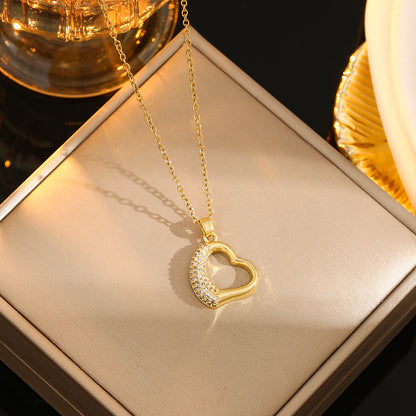 Romantic Sweet Geometric Heart Shape Titanium Steel Plating Inlay Rhinestones Zircon Gold Plated Pendant Necklace