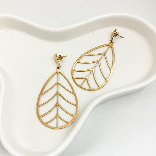 1 Pair Casual Pastoral Simple Style Leaves Plating Hollow Out Stainless Steel Gold Plated Drop Earrings