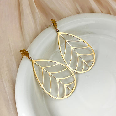 1 Pair Casual Pastoral Simple Style Leaves Plating Hollow Out Stainless Steel Gold Plated Drop Earrings