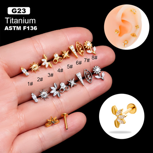 1 Piece Simple Style Korean Style Flower Plating Inlay Titanium Alloy Zircon 18k Gold Plated Lip Stud Ear Studs