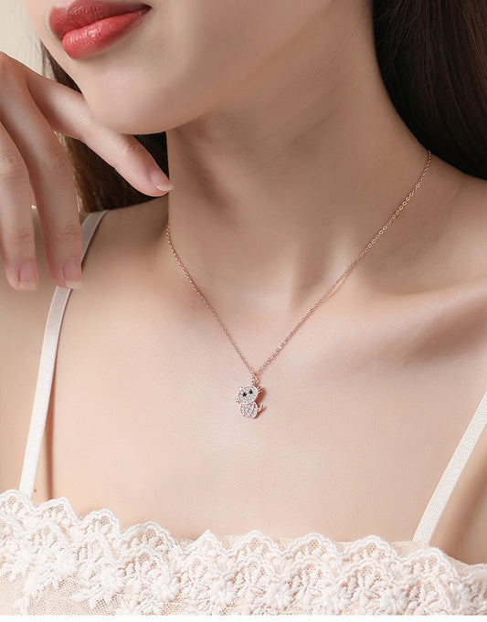 Cute Cat Sterling Silver Polishing Plating Inlay Zircon Pendant Necklace