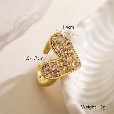 Simple Style Heart Shape Copper Plating Inlay Zircon 18k Gold Plated Open Rings