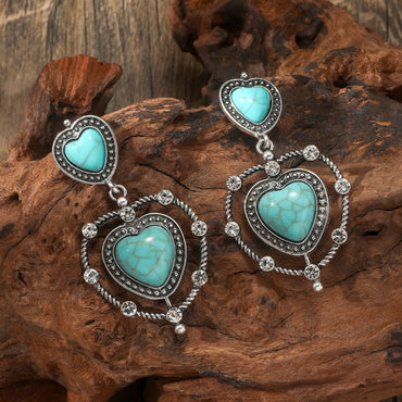 1 Pair Ethnic Style Heart Shape Inlay Alloy Turquoise Drop Earrings