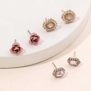 Wholesale Jewelry Simple Style Geometric Flower Alloy Rhinestones Gold Plated Plating Inlay Ear Studs