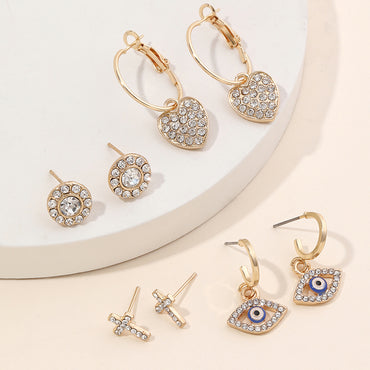 Wholesale Jewelry Simple Style Cross Heart Shape Eye Alloy Rhinestones Gold Plated Plating Inlay Earrings
