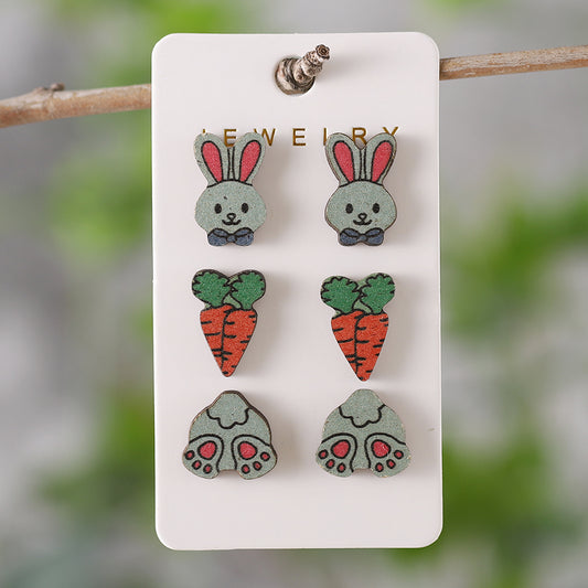 Wholesale Jewelry Retro Rabbit Carrot Wood Printing Ear Studs